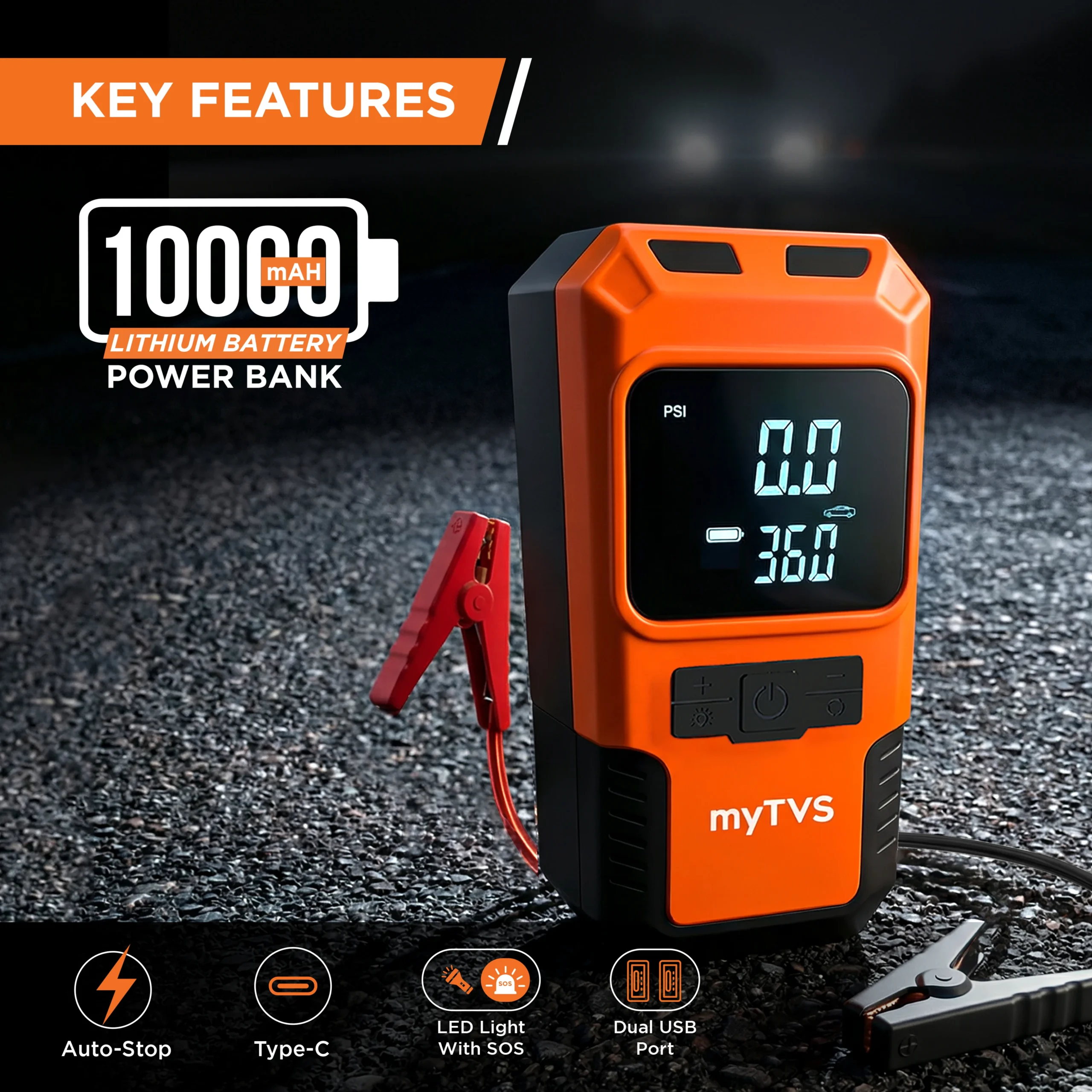 myTVS JS-1 Car Jump Starter Power Bank - Portable Battery Booster with Power Bank, LED Light for Car, Bike & SUV - Image 2