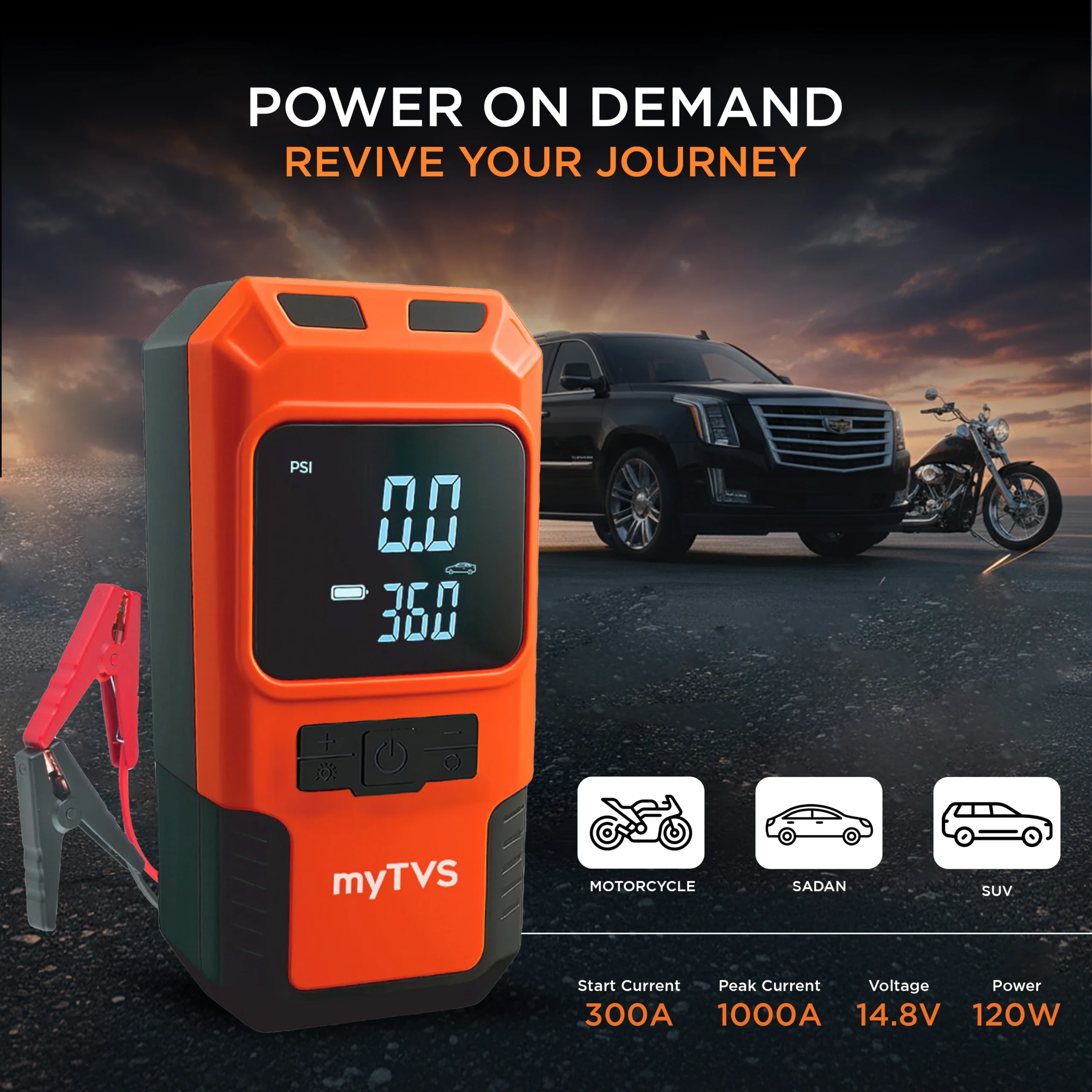 myTVS JS-1 Car Jump Starter Power Bank - Portable Battery Booster with Power Bank, LED Light for Car, Bike & SUV - Image 4