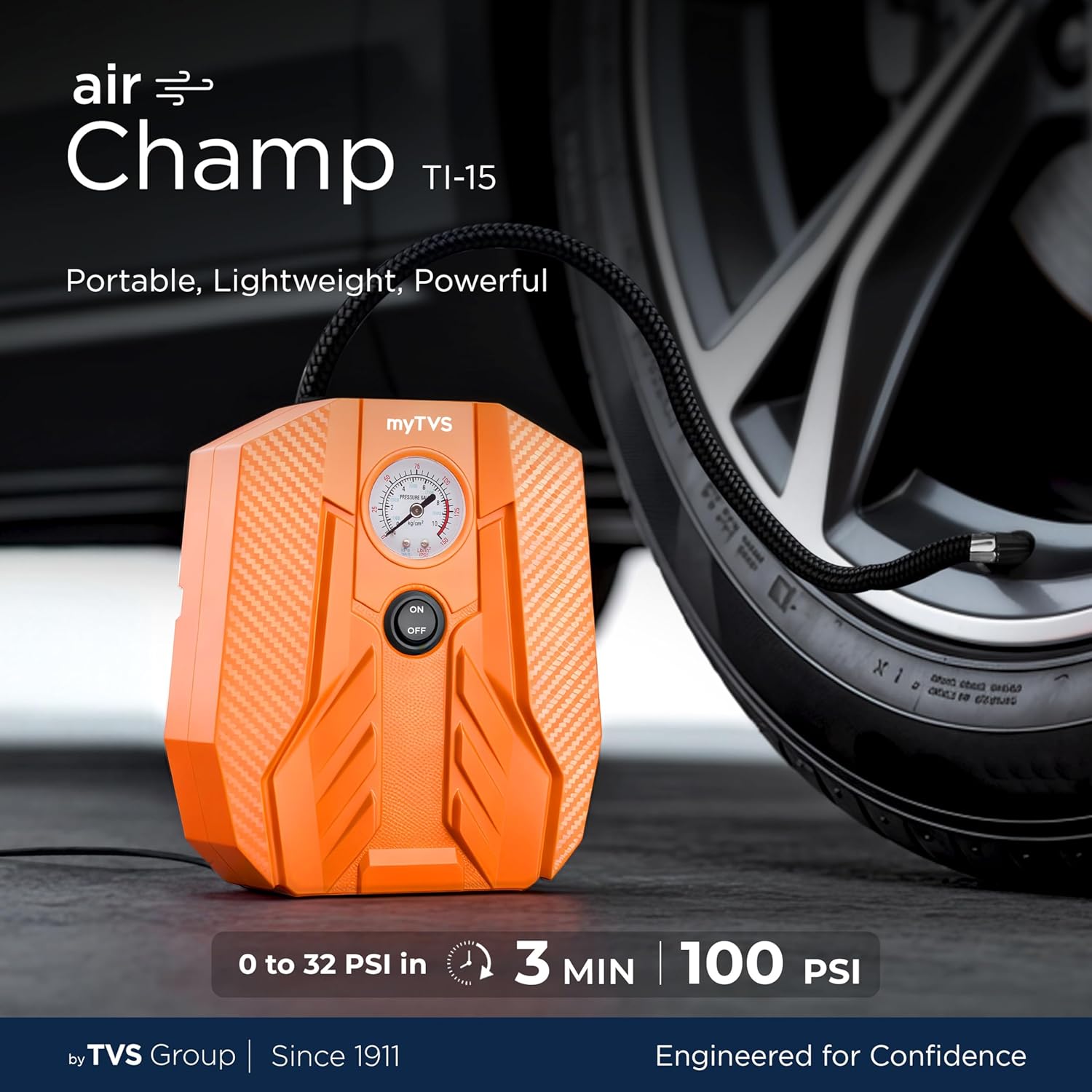 TVS TI-15 Champ Car Tyre Inflator 100 PSI Analog Meter - Portable 12V Air Compressor Pump for Car, Bike & SUV - Image 2